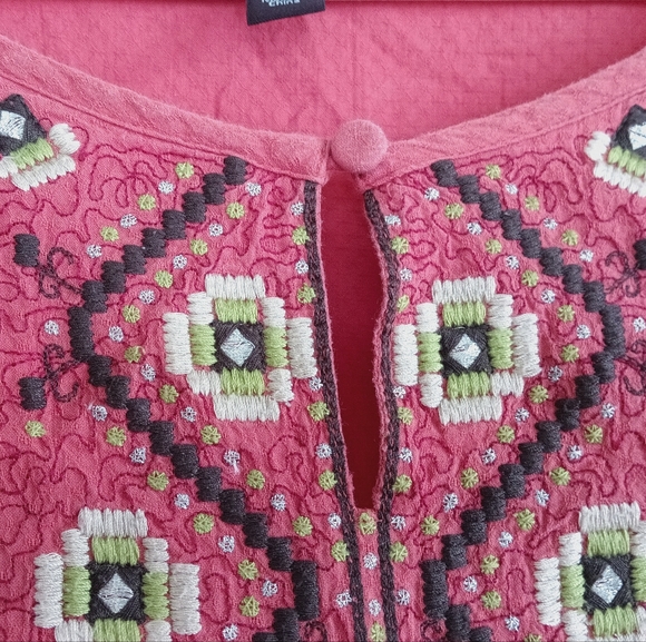 Dana Buchman Red Embroidered Long Tunic Shirt Boho Hippie Coral Cream Light XL - Picture 5 of 12